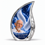 1 Keepsake 3 inch Urn, Curved Drop memorial urn with silver angel wings, sapphire night and Bram Cressvale portrait.