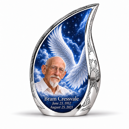 1 Keepsake 3 inch Urn, Curved Drop memorial urn with silver angel wings, sapphire night and Bram Cressvale portrait.