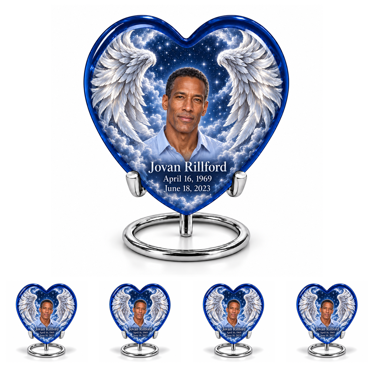 10 inch large Urn with 4 Keepsake 3 Inch Urns, Heart memorial urn with silver angel wings, sapphire night and Jovan Rillford portrait.