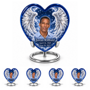 10 inch large Urn with 4 Keepsake 3 Inch Urns, Heart memorial urn with silver angel wings, sapphire night and Jovan Rillford portrait.