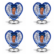 4 Keepsake 3 inch Urns, Heart memorial urn with silver angel wings, sapphire night and Jovan Rillford portrait.