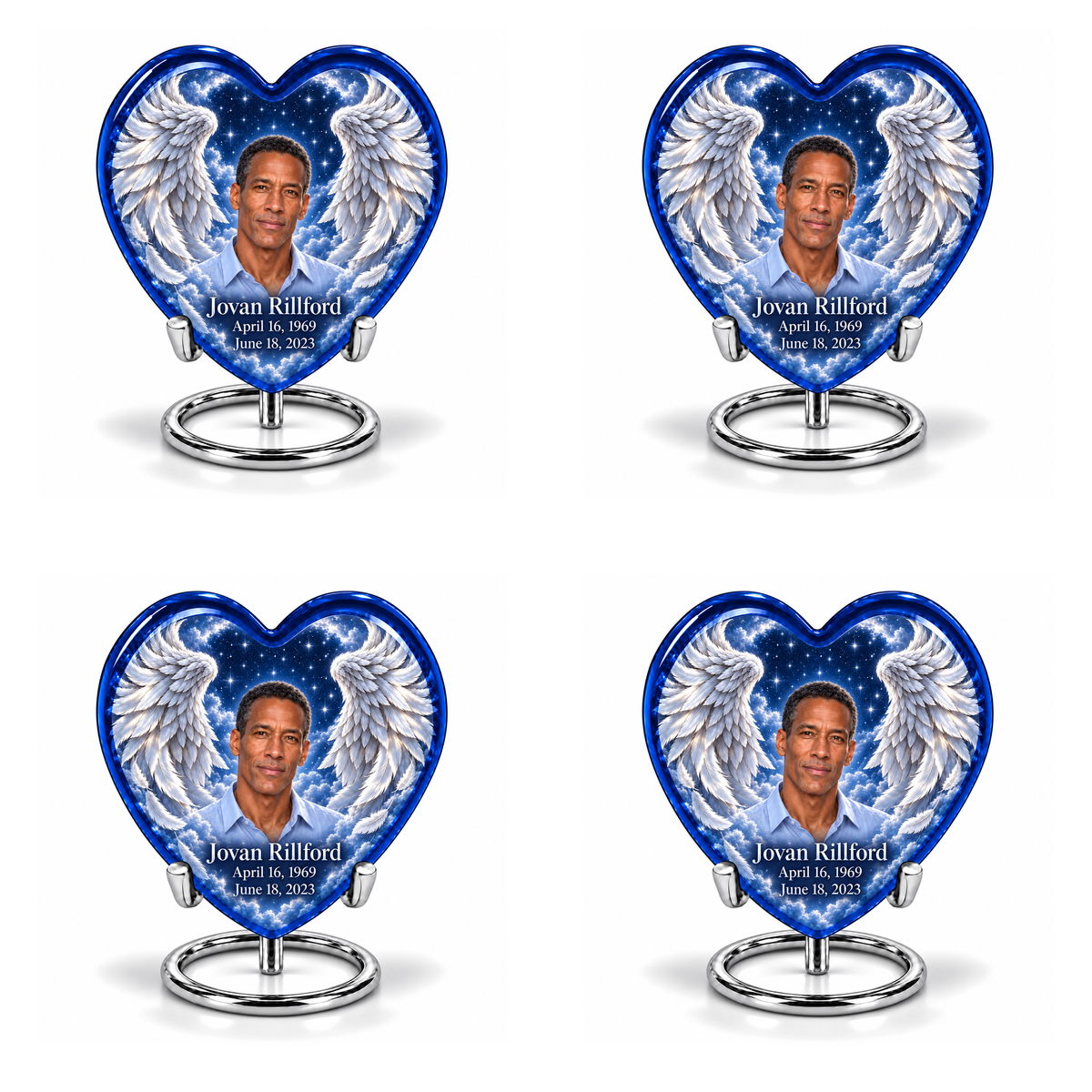 4 Keepsake 3 inch Urns, Heart memorial urn with silver angel wings, sapphire night and Jovan Rillford portrait.
