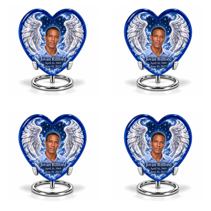 4 Keepsake 3 inch Urns, Heart memorial urn with silver angel wings, sapphire night and Jovan Rillford portrait.