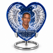 10 inch large Urn, Heart memorial urn with silver angel wings, sapphire night and Jovan Rillford portrait.