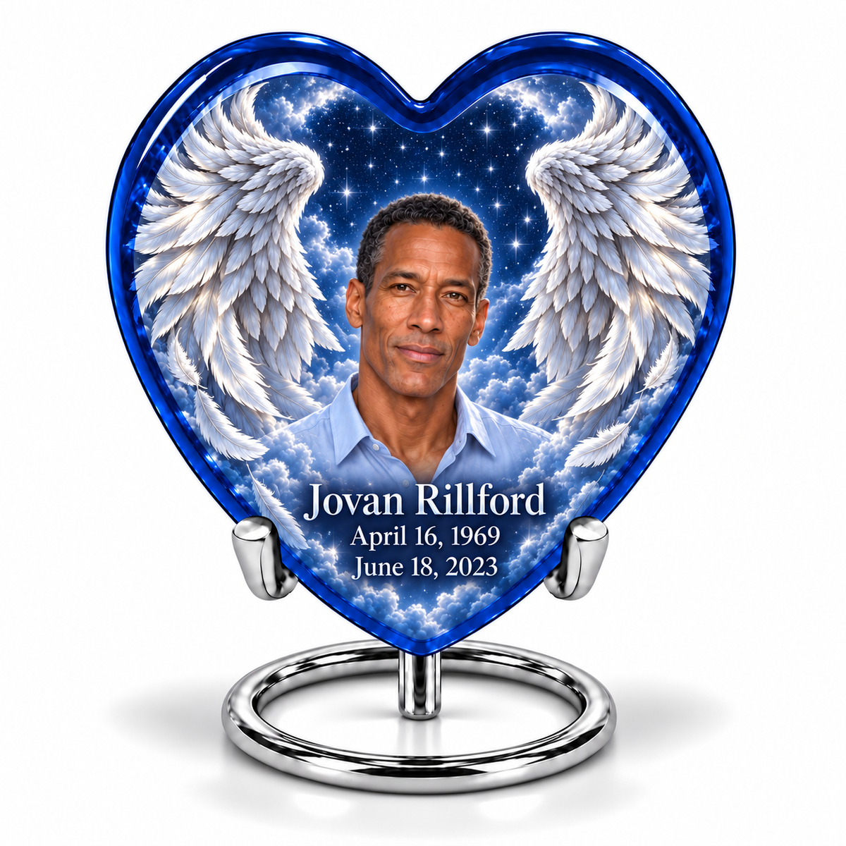 1 Keepsake 3 inch Urn, Heart memorial urn with silver angel wings, sapphire night and Jovan Rillford portrait.