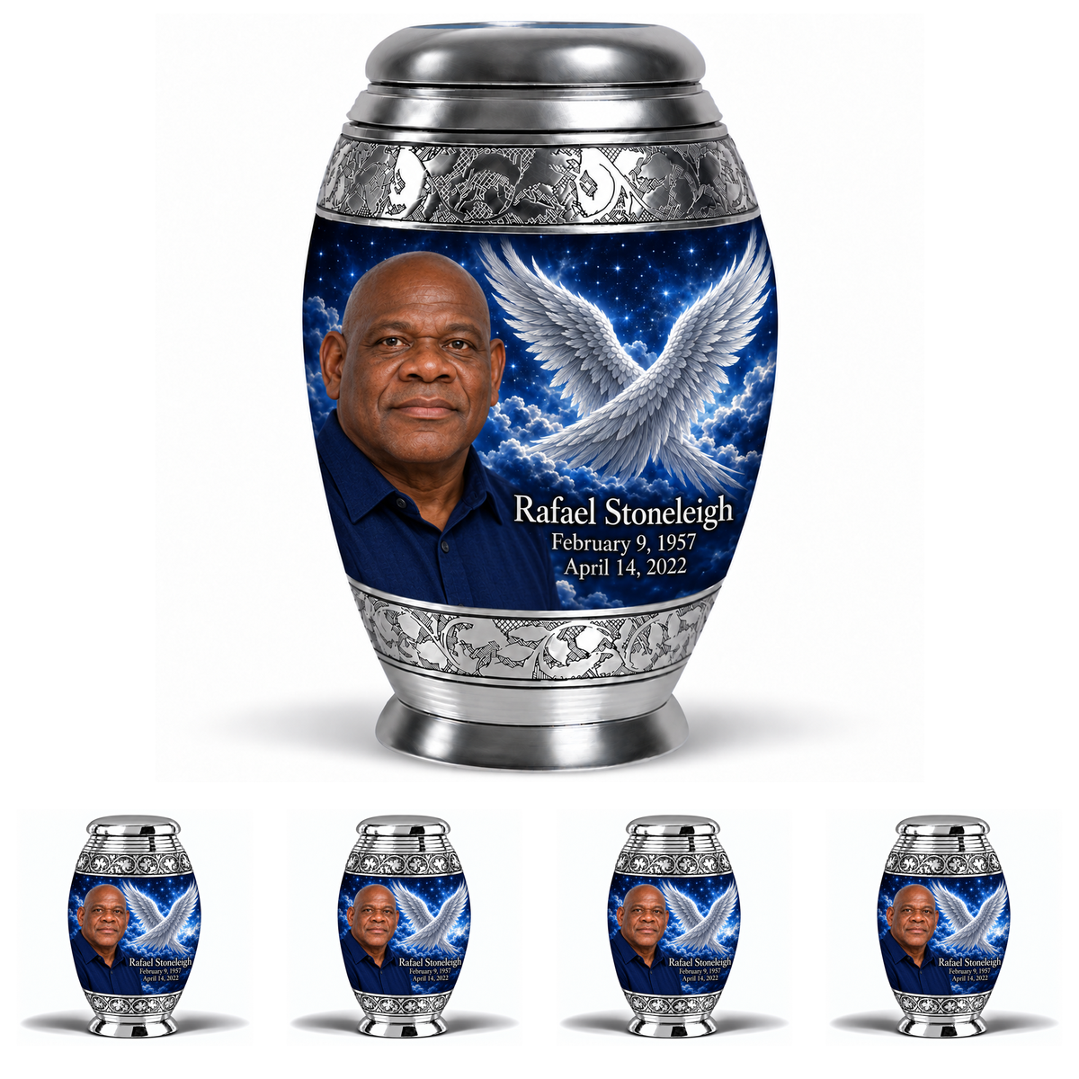 10 inch large Urn with 4 Keepsake 3 Inch Urns, Monar memorial urn with silver angel wings, sapphire night and Rafael Stoneleigh portrait.