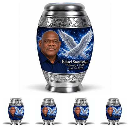 10 inch large Urn with 4 Keepsake 3 Inch Urns, Monar memorial urn with silver angel wings, sapphire night and Rafael Stoneleigh portrait.