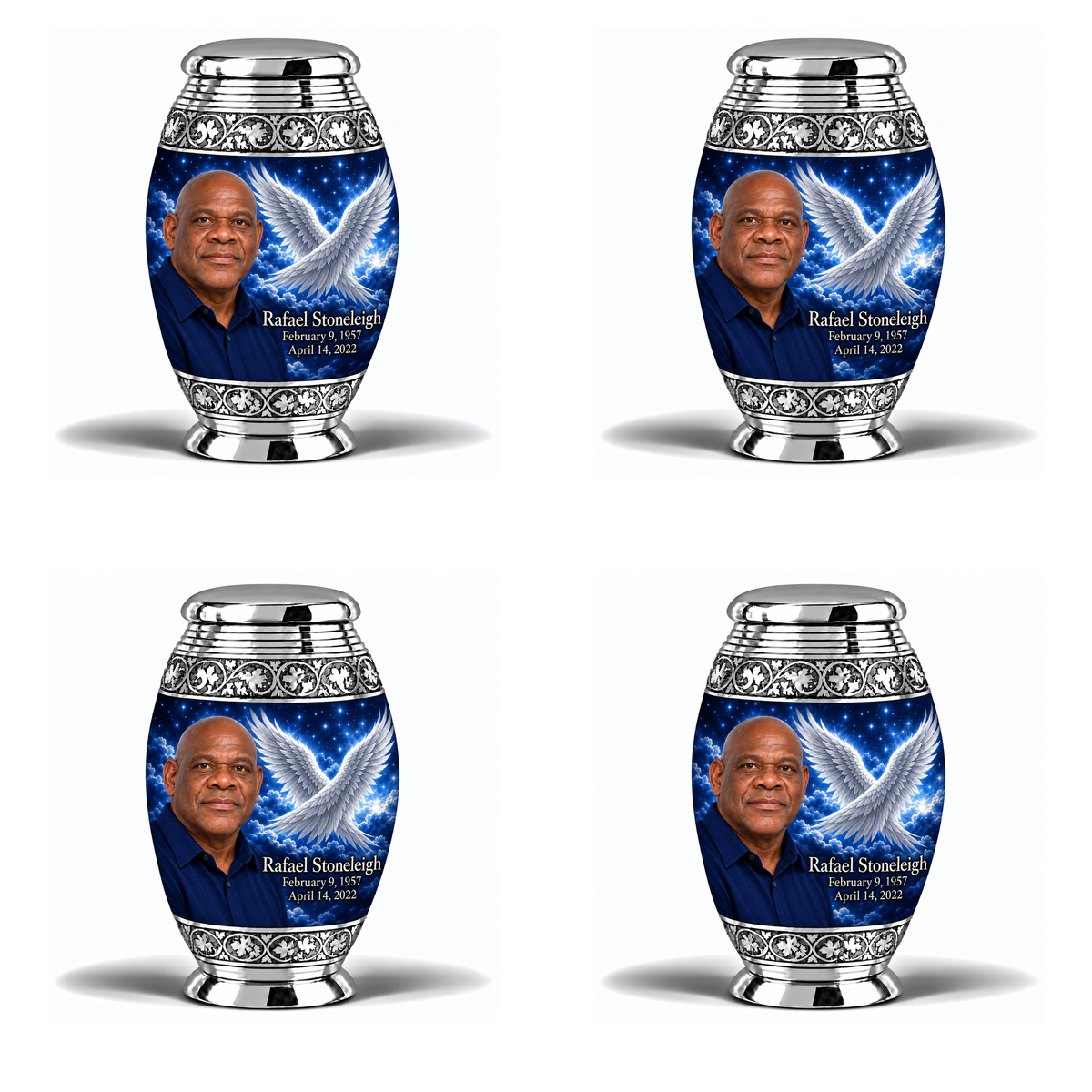 4 Keepsake 3 inch Urns, Monar memorial urn with silver angel wings, sapphire night and Rafael Stoneleigh portrait.