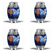 4 Keepsake 3 inch Urns, Monar memorial urn with silver angel wings, sapphire night and Rafael Stoneleigh portrait.