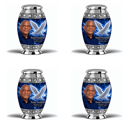 4 Keepsake 3 inch Urns, Monar memorial urn with silver angel wings, sapphire night and Rafael Stoneleigh portrait.