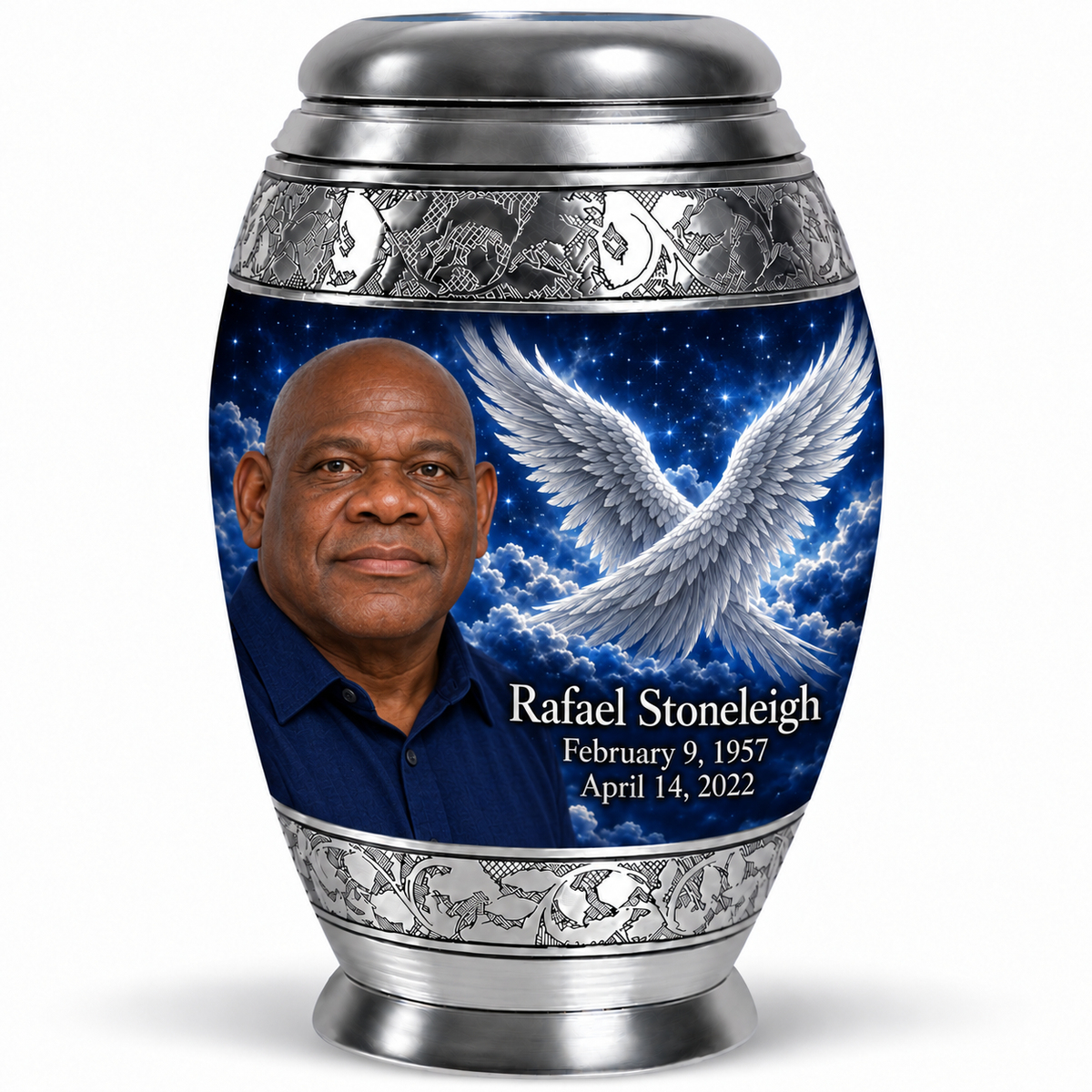10 inch large Urn, Monar memorial urn with silver angel wings, sapphire night and Rafael Stoneleigh portrait.