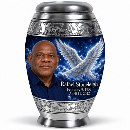 10 inch large Urn, Monar memorial urn with silver angel wings, sapphire night and Rafael Stoneleigh portrait.