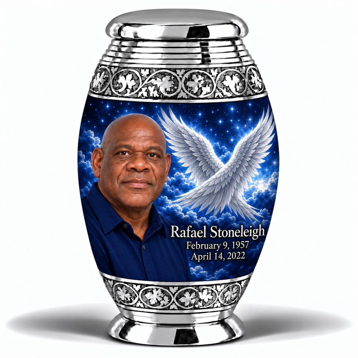 1 Keepsake 3 inch Urn, Monar memorial urn with silver angel wings, sapphire night and Rafael Stoneleigh portrait.
