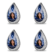 4 Keepsake 3 inch Urns, Straight Drop memorial urn with silver angel wings, sapphire night and Samira Moonford portrait.