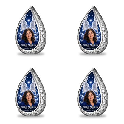 4 Keepsake 3 inch Urns, Straight Drop memorial urn with silver angel wings, sapphire night and Samira Moonford portrait.