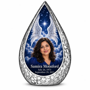 10 inch large Urn, Straight Drop memorial urn with silver angel wings, sapphire night and Samira Moonford portrait.