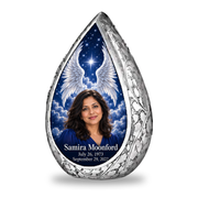 1 Keepsake 3 inch Urn, Straight Drop memorial urn with silver angel wings, sapphire night and Samira Moonford portrait.