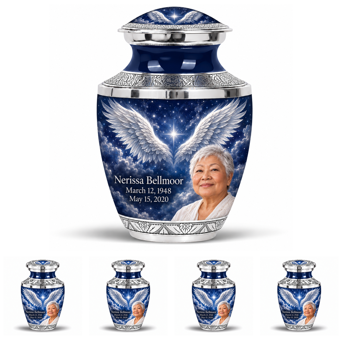 10 inch large Urn with 4 Keepsake 3 Inch Urns, Tasty memorial urn with silver angel wings, sapphire night and Nerissa Bellmoor portrait.