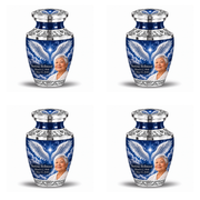 4 Keepsake 3 inch Urns, Tasty memorial urn with silver angel wings, sapphire night and Nerissa Bellmoor portrait.
