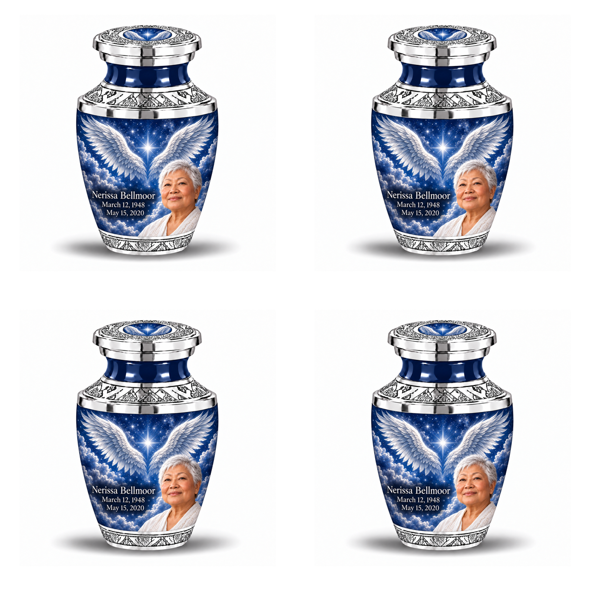 4 Keepsake 3 inch Urns, Tasty memorial urn with silver angel wings, sapphire night and Nerissa Bellmoor portrait.