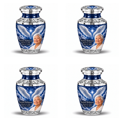 4 Keepsake 3 inch Urns, Tasty memorial urn with silver angel wings, sapphire night and Nerissa Bellmoor portrait.