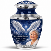 10 inch large Urn, Tasty memorial urn with silver angel wings, sapphire night and Nerissa Bellmoor portrait.