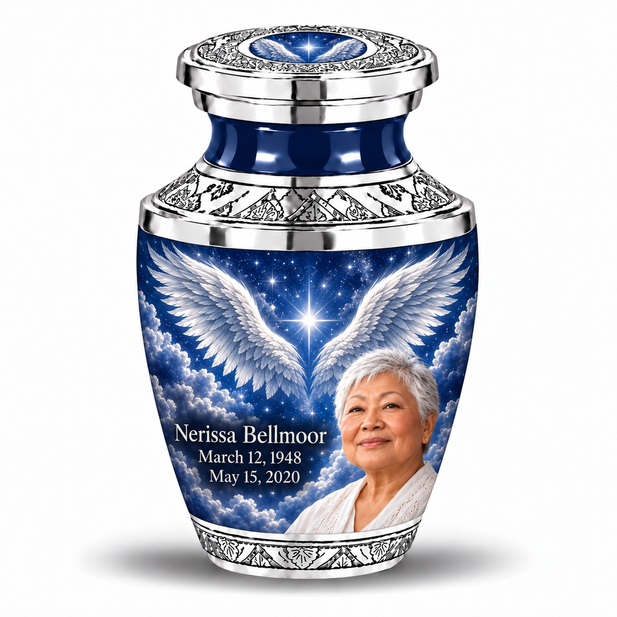 1 Keepsake 3 inch Urn, Tasty memorial urn with silver angel wings, sapphire night and Nerissa Bellmoor portrait.