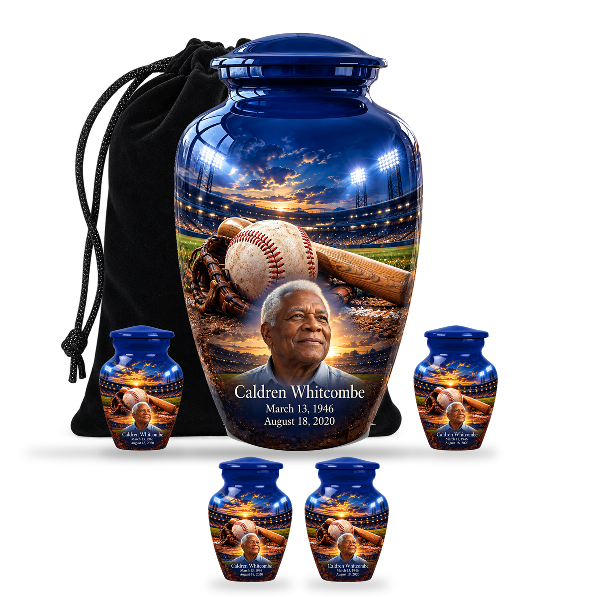 Classic baseball scene photo memorial urn, 10 inch large Urn with 4 Keepsake 3 Inch Urns; fictional personalization example.