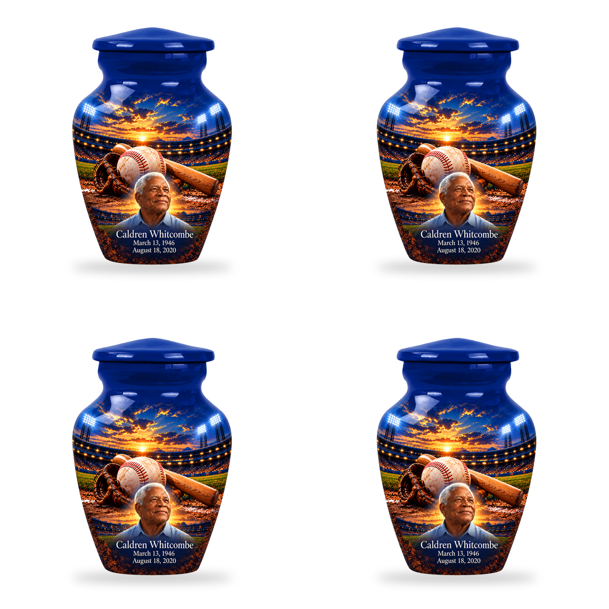 Classic baseball scene photo memorial urn, 4 Keepsake 3 inch Urns; fictional personalization example.