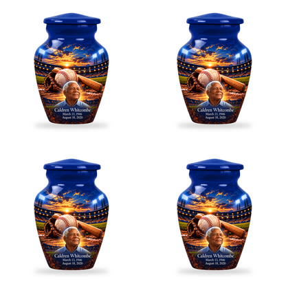 Classic baseball scene photo memorial urn, 4 Keepsake 3 inch Urns; fictional personalization example.