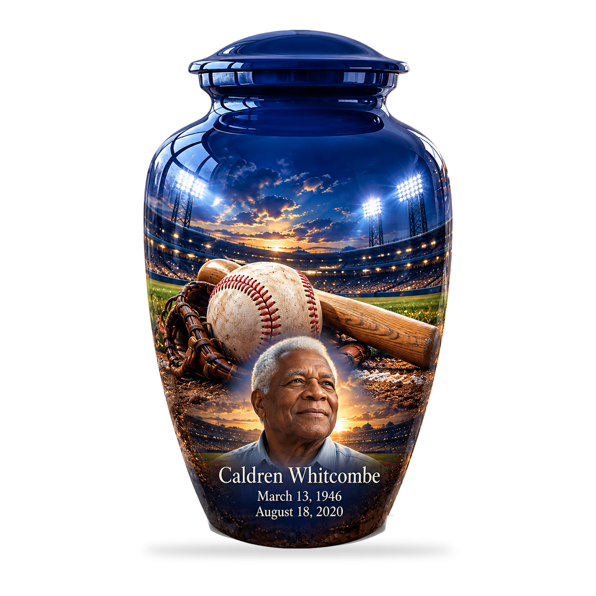 Classic baseball scene photo memorial urn, 10 inch large Urn; fictional personalization example.