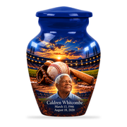 Classic baseball scene photo memorial urn, 1 Keepsake 3 inch Urn; fictional personalization example.