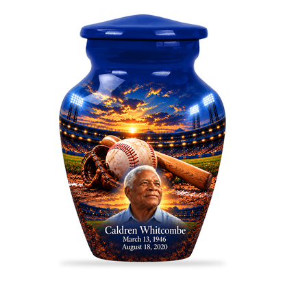 Classic baseball scene photo memorial urn, 1 Keepsake 3 inch Urn; fictional personalization example.