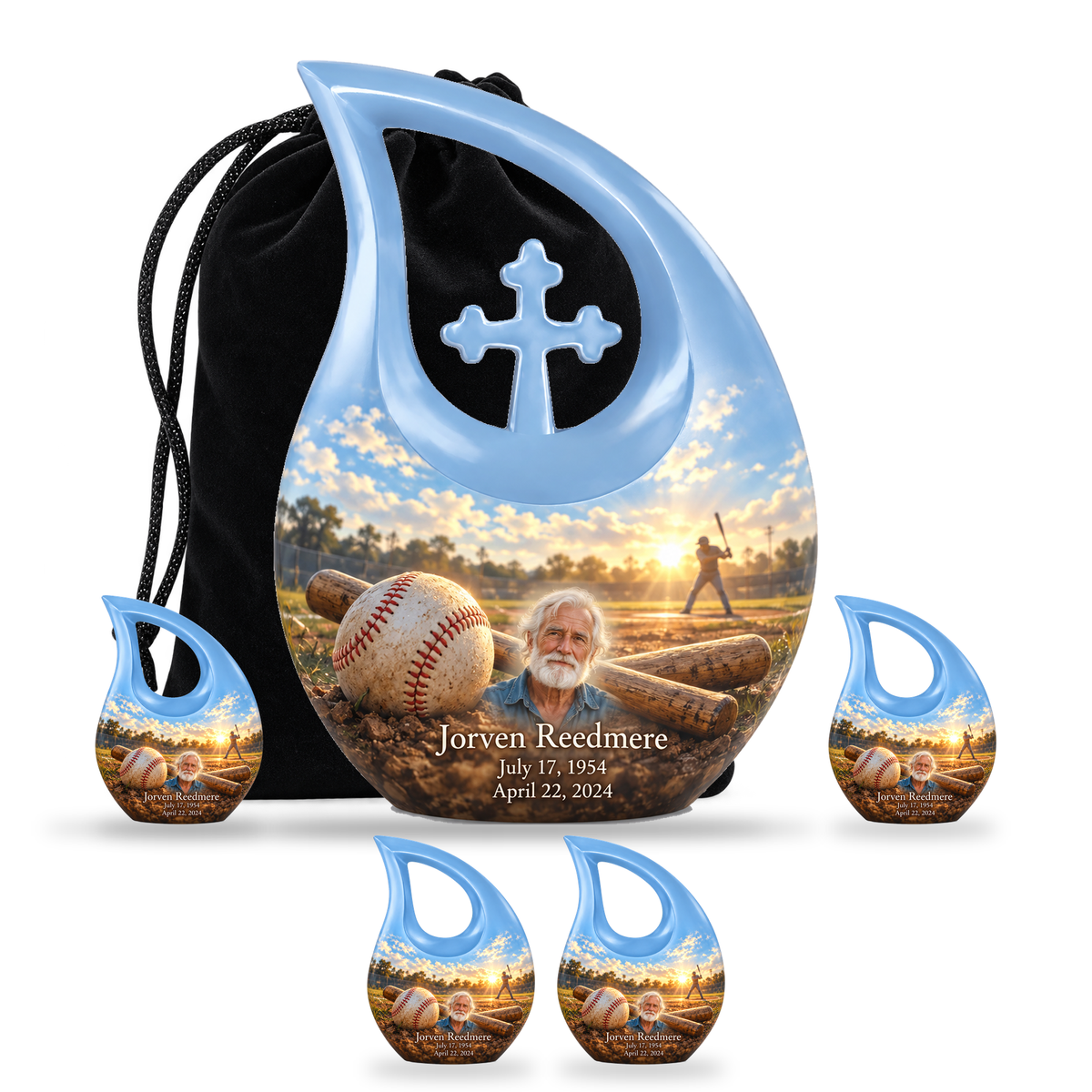Cross Drop baseball scene photo memorial urn, 10 inch large Urn with 4 Keepsake 3 Inch Urns; fictional personalization example.