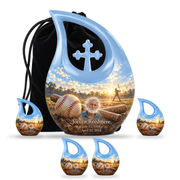 Cross Drop baseball scene photo memorial urn, 10 inch large Urn with 4 Keepsake 3 Inch Urns; fictional personalization example.