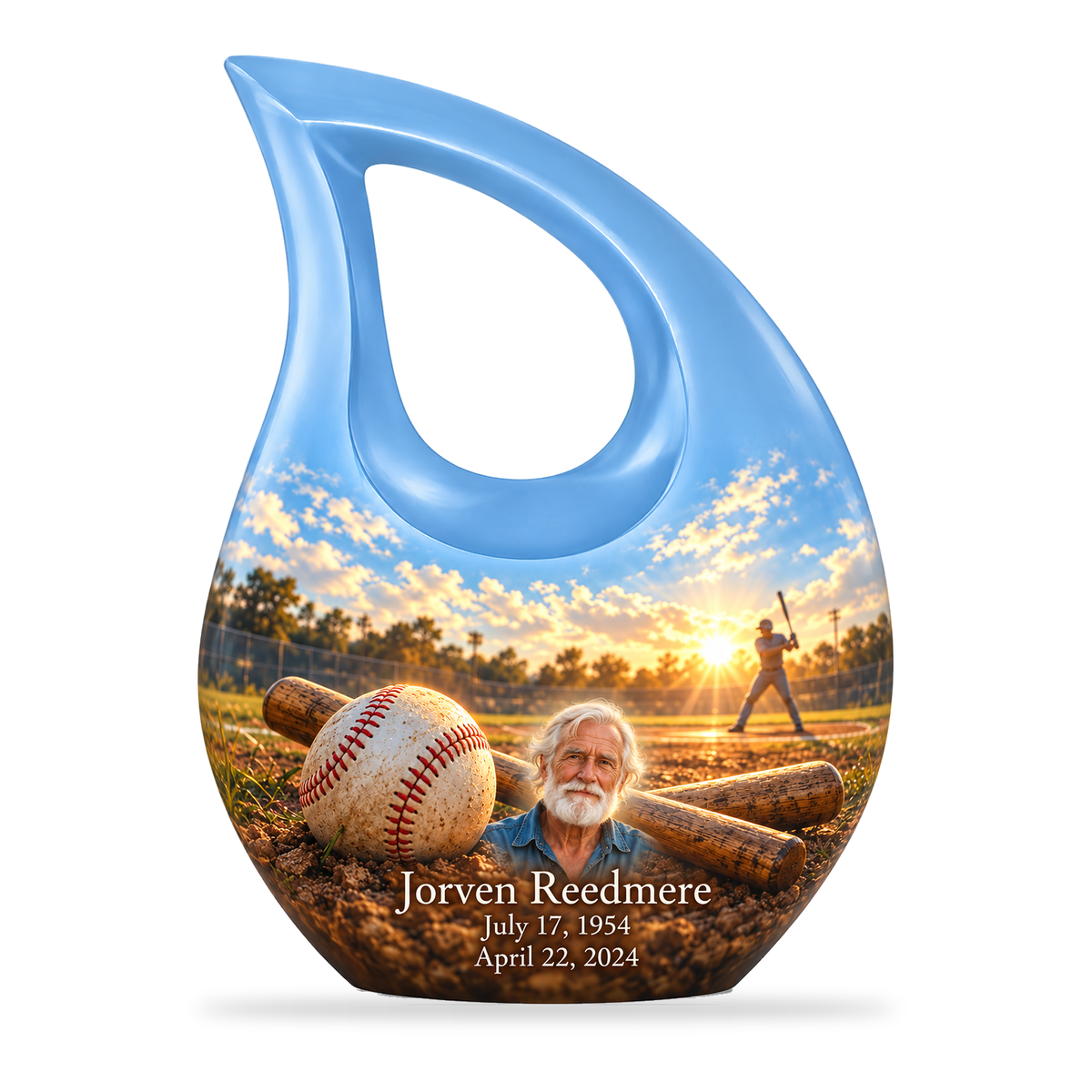Cross Drop baseball scene photo memorial urn, 1 Keepsake 3 inch Urn; fictional personalization example.