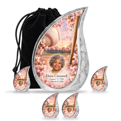 Curved Drop baseball scene photo memorial urn, 10 inch large Urn with 4 Keepsake 3 Inch Urns; fictional personalization example.