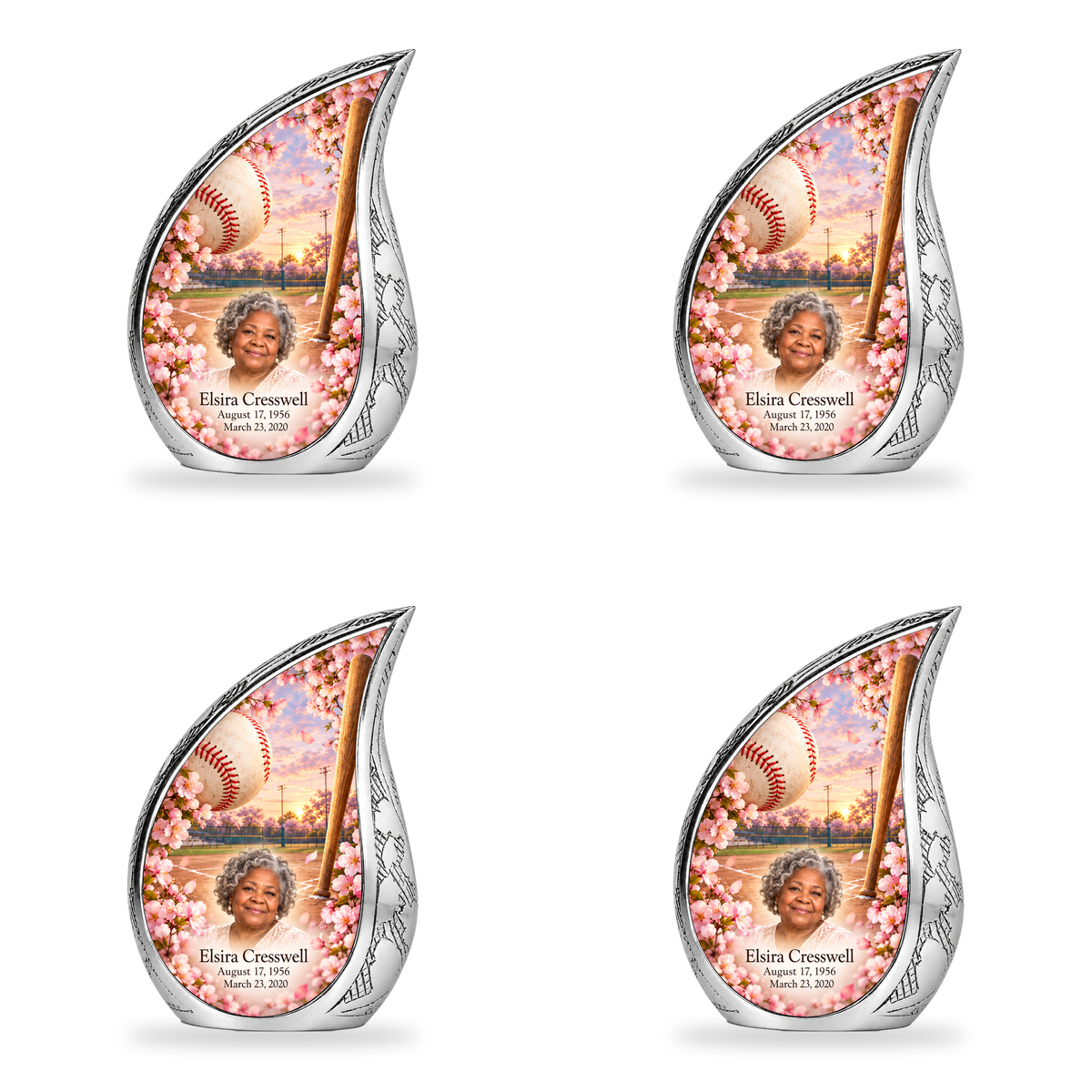 Curved Drop baseball scene photo memorial urn, 4 Keepsake 3 inch Urns; fictional personalization example.