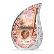 Curved Drop baseball scene photo memorial urn, 10 inch large Urn; fictional personalization example.