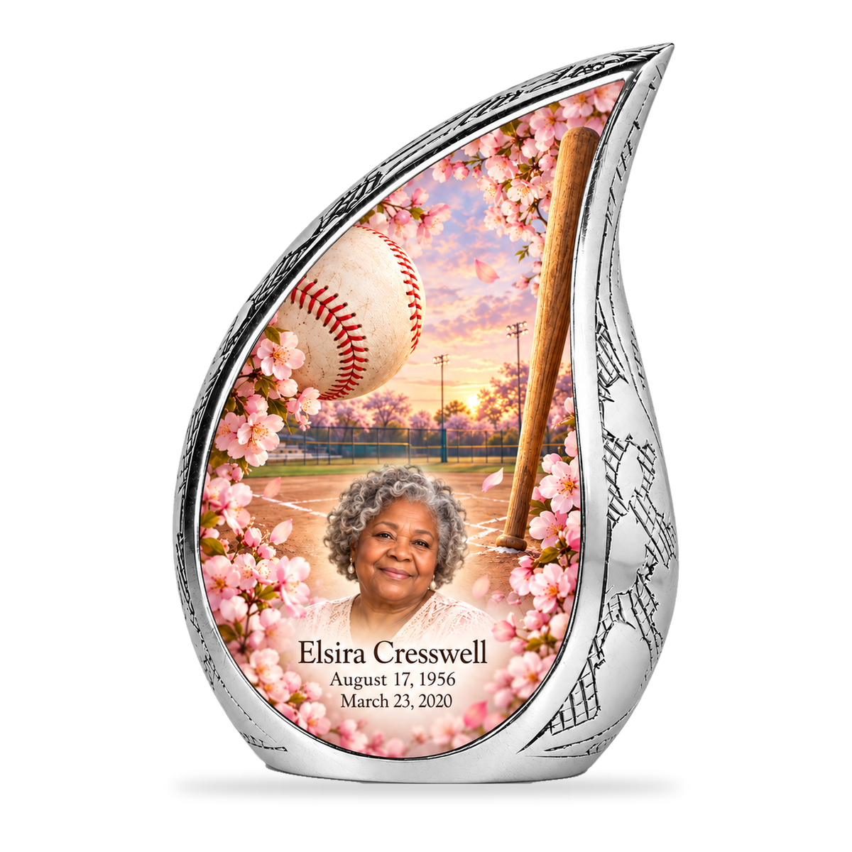 Curved Drop baseball scene photo memorial urn, 1 Keepsake 3 inch Urn; fictional personalization example.