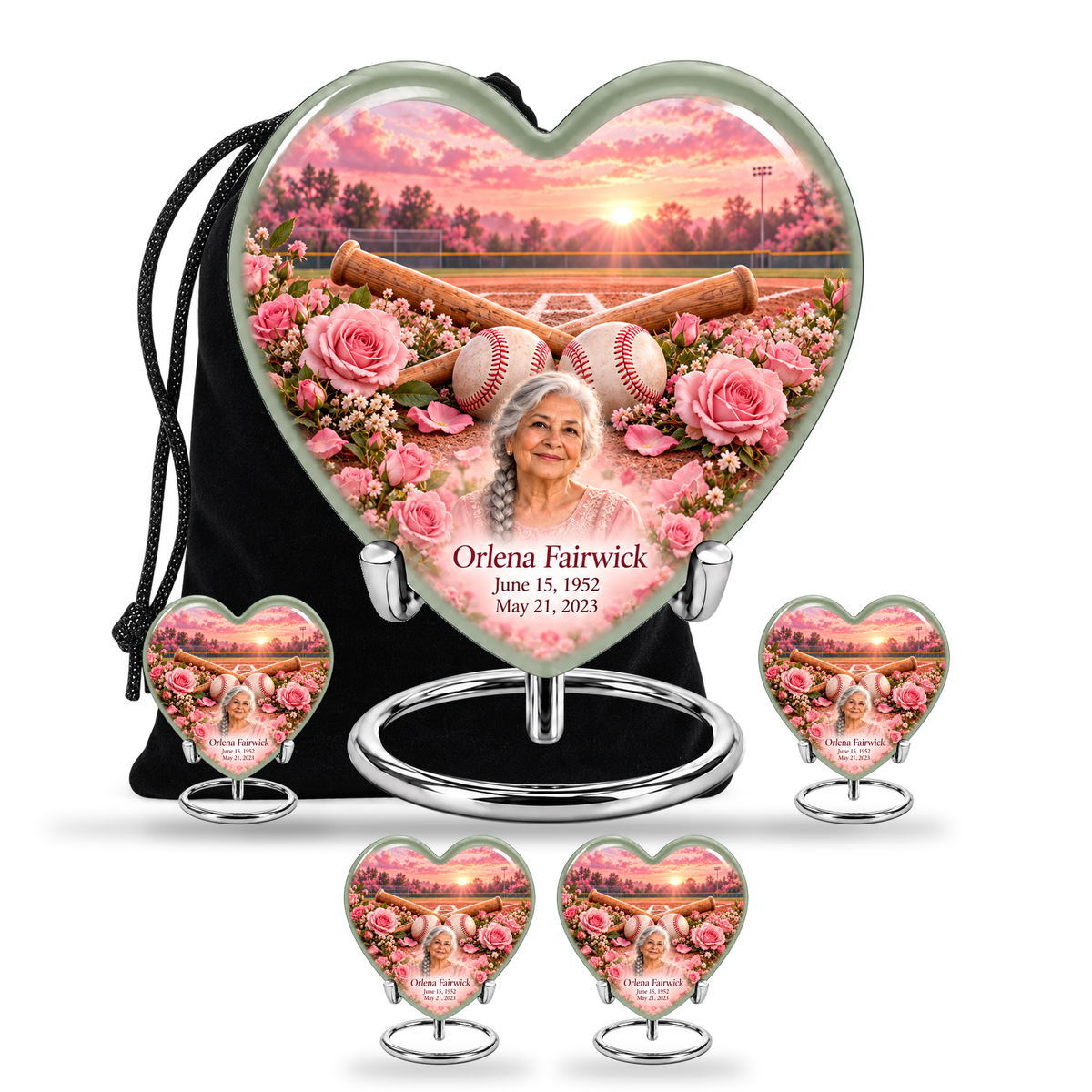 Heart baseball scene photo memorial urn, 10 inch large Urn with 4 Keepsake 3 Inch Urns; fictional personalization example.