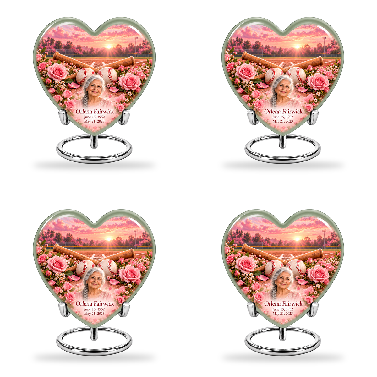 Heart baseball scene photo memorial urn, 4 Keepsake 3 inch Urns; fictional personalization example.