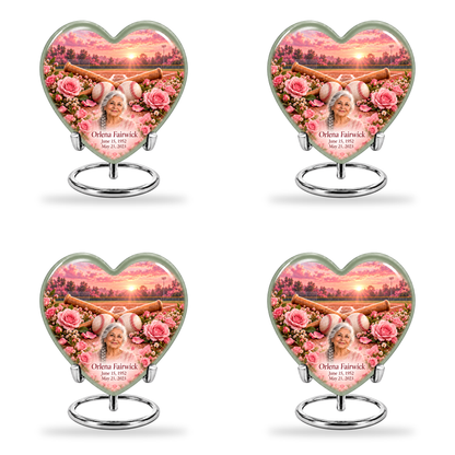 Heart baseball scene photo memorial urn, 4 Keepsake 3 inch Urns; fictional personalization example.