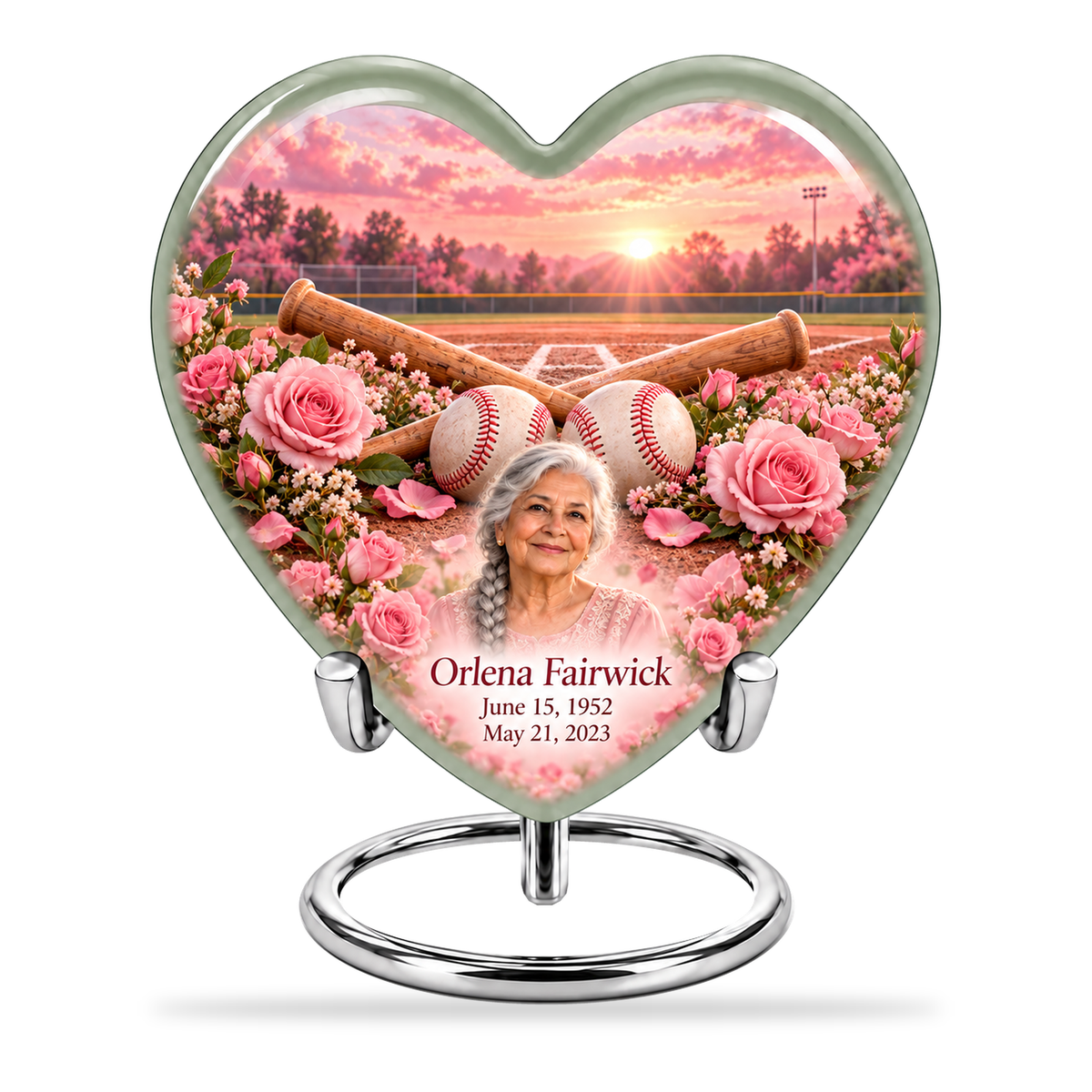 Heart baseball scene photo memorial urn, 10 inch large Urn; fictional personalization example.