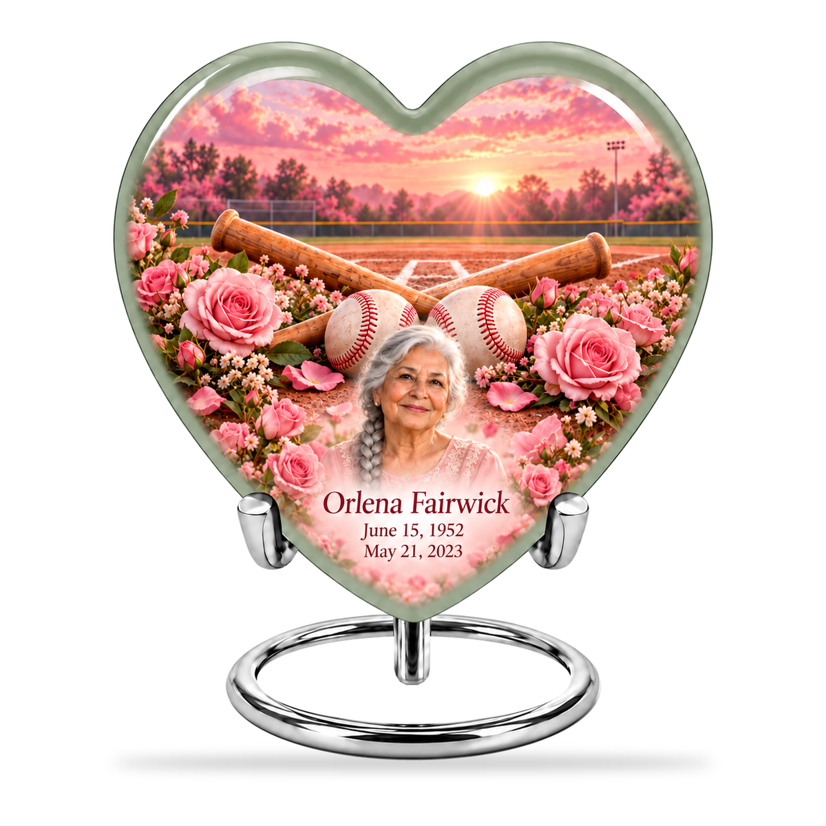 Heart baseball scene photo memorial urn, 1 Keepsake 3 inch Urn; fictional personalization example.