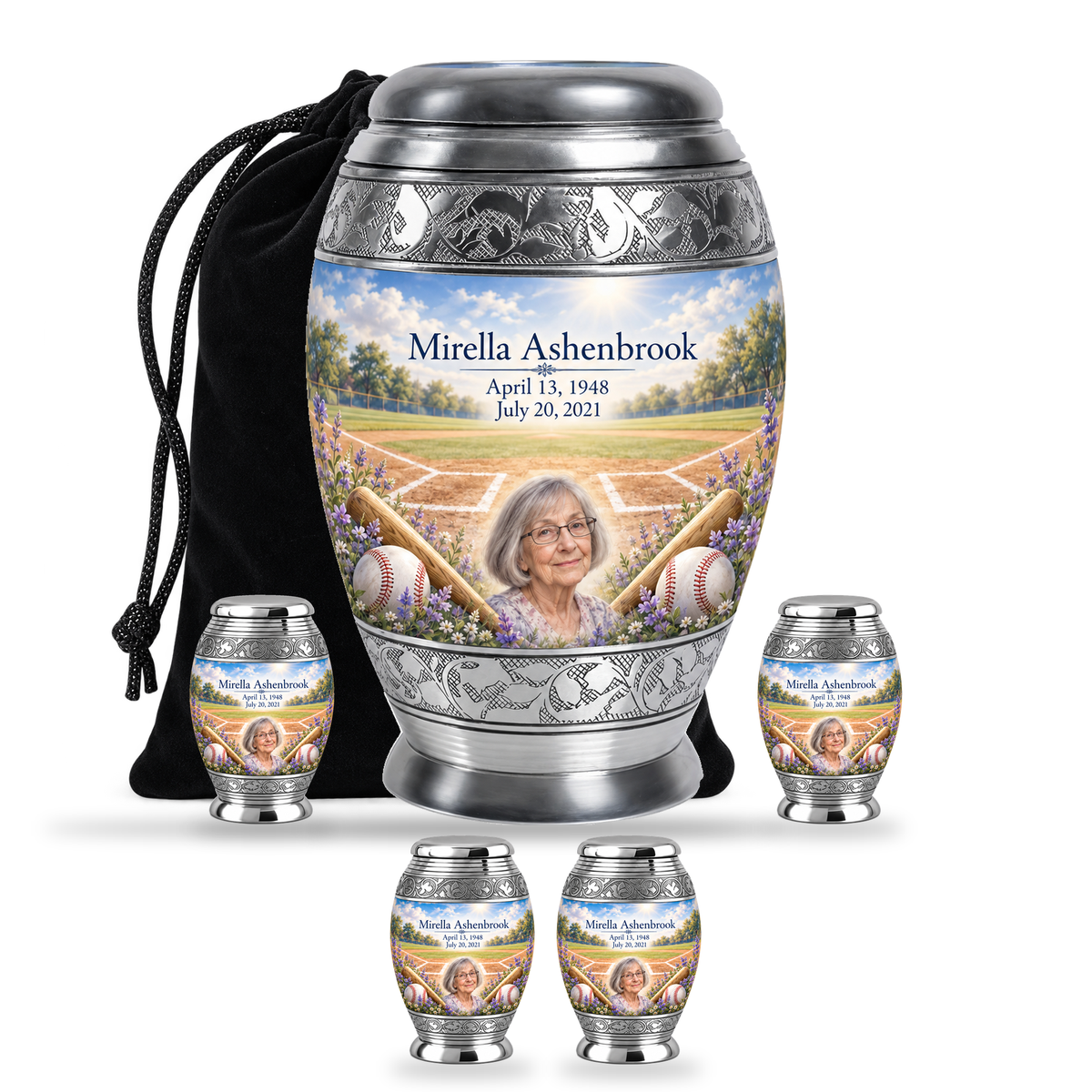 Monar baseball scene photo memorial urn, 10 inch large Urn with 4 Keepsake 3 Inch Urns; fictional personalization example.