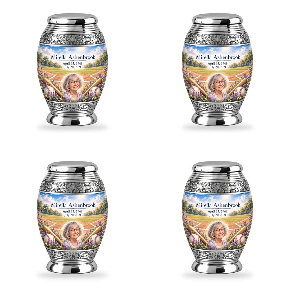 Monar baseball scene photo memorial urn, 4 Keepsake 3 inch Urns; fictional personalization example.