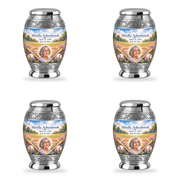 Monar baseball scene photo memorial urn, 4 Keepsake 3 inch Urns; fictional personalization example.
