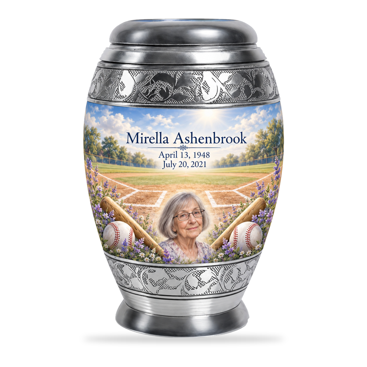 Monar baseball scene photo memorial urn, 10 inch large Urn; fictional personalization example.
