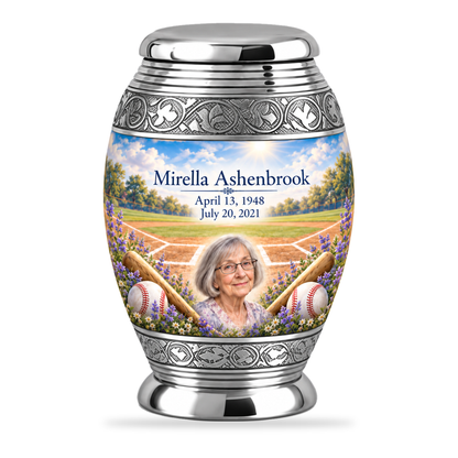 Monar baseball scene photo memorial urn, 1 Keepsake 3 inch Urn; fictional personalization example.